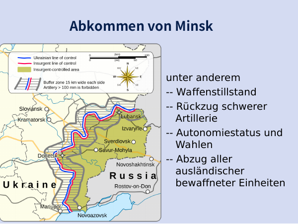 Landkarte zum Abkommen von Minsk und Liste der Vereinbarungen